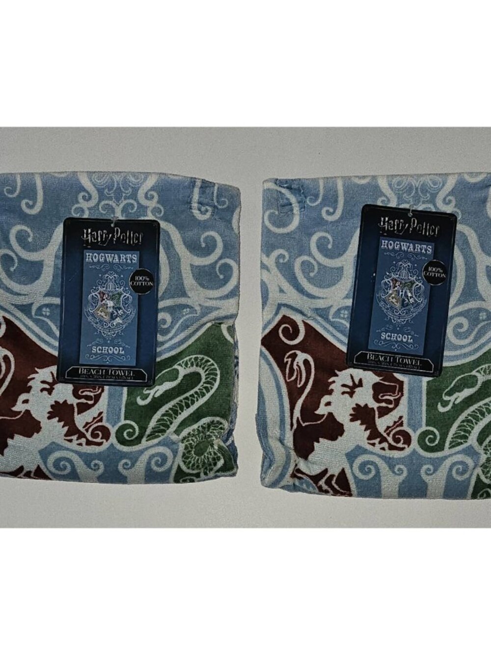 2 NEW Harry Potter Blue Beach Towel Lot Hogwarts School Crest 100% Cotton 28x58